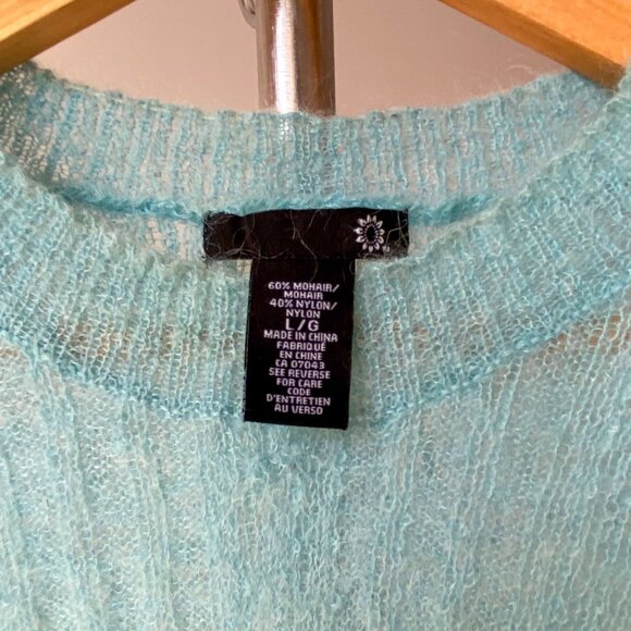 ❄️ Turquoise Blue Mohair Blend Thin Second Skin See Through Long Sleeve Sweater - Picture 5 of 7